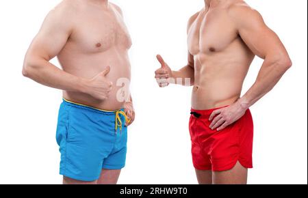 cropped photo of before obesity after slimming. before obesity after slimming compare isolated on white. before obesity after slimming of men in studi Stock Photo