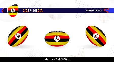 Rugby ball set with the flag of Uganda in various angles on abstract background. Rugby vector collection. Stock Vector