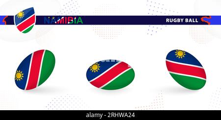 Rugby ball set with the flag of Namibia in various angles on abstract background. Rugby vector collection. Stock Vector