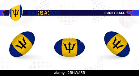 Rugby ball set with the flag of Barbados in various angles on abstract background. Rugby vector collection. Stock Vector