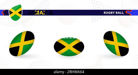 Rugby ball set with the flag of Jamaica in various angles on abstract background. Rugby vector collection. Stock Vector