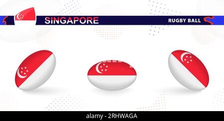 Rugby ball set with the flag of Singapore in various angles on abstract background. Rugby vector collection. Stock Vector