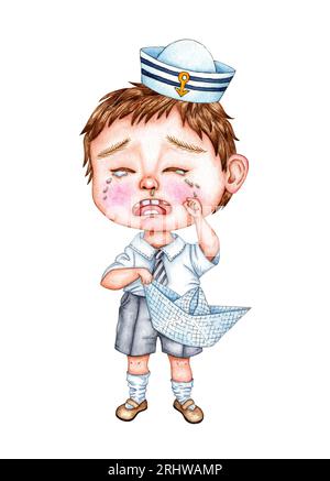 Watercolor illustration of a little crying boy. Child captain with a paper boat in his hands. Design for greeting card, banner, flyer, cover, poster a Stock Photo