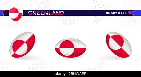 Rugby ball set with the flag of Greenland in various angles on abstract background. Rugby vector collection. Stock Vector