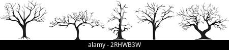 Tree silhouette. Collection of black contours of trees without leaves. Various trees in different positions. Forest set in flat style. Vector Stock Vector