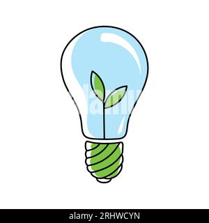 Sustainable ecological energy icon. Light bulb with leaf inside. Vector illustration in doodle style Stock Vector