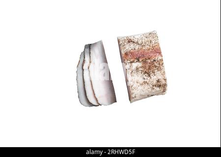 Sliced Salty lard with garlic and black pepper on marble board. High quality Isolate, white background Stock Photo