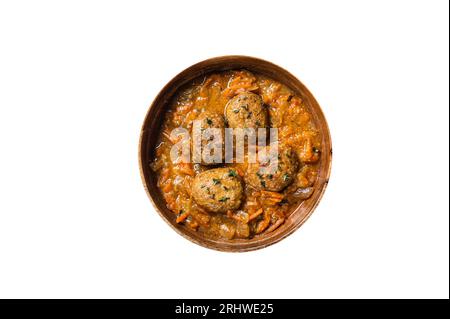 Cutlets or Fish balls with tuna in tomato sauce. High quality Isolate, white background Stock Photo
