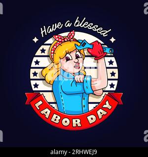 Labor Day. Retro cartoon lady showing off her muscles while holding a wrench. Perfect for logos, t-shirts, stickers and posters Stock Vector