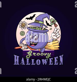 Groovy Halloween. Retro cartoon cauldron with broom flying peacefully. Perfect for logos, t-shirts, stickers and posters Stock Vector