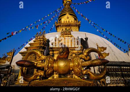 Nepal, Kathmandu valley, Swayambunath buddhist stupa, also called the temple of the monkeys because populated by many rhesus macaques Stock Photo