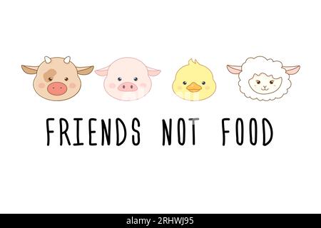 cute kawaii animals vegetarianism slogan friends not food white isolated background Stock Vector