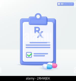 3D prescription RX with pills and capsule on clipboard icon symbol. first aid and health care check, pharmacy, Doctor paper form concept. 3D vector is Stock Vector