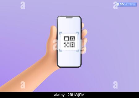 3d hand holding mobile phone scanning QR code icon symbol. Shopping special offer marketing promotion, mockup. online shopping concept. 3D vector isol Stock Vector