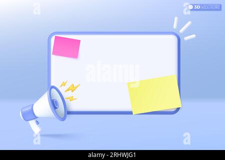3d megaphone speaker and Sticky Note icon symbol. Reminder post it, loudspeaker announce discount promotion, Sell reduced prices concept. 3D vector is Stock Vector