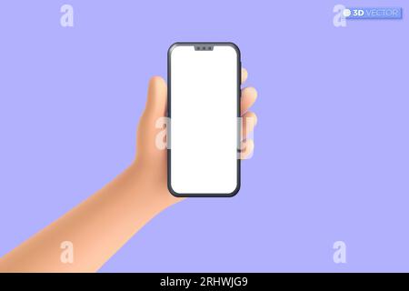 3d hand holding mobile phone icon symbol. Realistic smartphone with empty screen, Phone mockup. Editable device mobile template concept. 3D vector iso Stock Vector