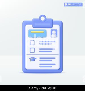 CV Resume on 3D clipboard icon symbol. Job search, human resources, business, job interview, hr, recruitment, employee profile concept. 3D vector isol Stock Vector