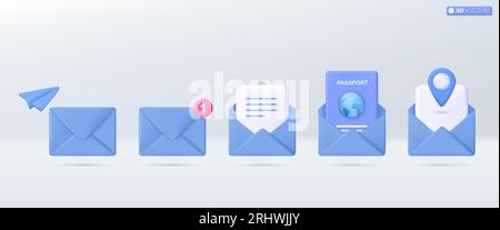 3d blue mail envelope icon set symbol. Render email notification, Globe, Location, passport, paper plane, icon. Travel Holiday concept. 3D vector isol Stock Vector