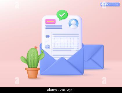 CV Resume in 3D envelope icon symbol. Job search, human resources, business, job interview, hr, recruitment, employee profile concept. 3D vector isola Stock Vector