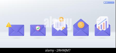 3d Violet mail envelope icon set symbol. Render email exclamation mark, Graph, Shield, gold coin,crypto currency icon. Investment concept. 3D vector i Stock Vector