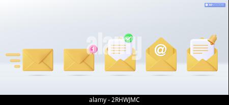 3d Yellow mail envelope icon set symbol. Render email notification with letters, check mark, paper plane icons. communication concept. 3D vector isola Stock Vector