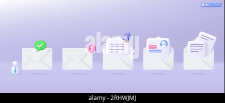 3d White mail envelope icon set symbol. Render email notification with letters, CV Resume icons, Recruit, employee. communication concept. 3D vector i Stock Vector