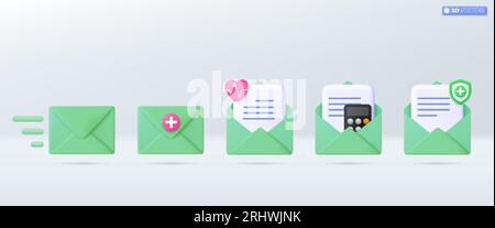 3d Green mail envelope icon set symbol. Render email hospital, Shield, Guarantee health check, Heartbeat icon. health insurance concept. 3D vector iso Stock Vector