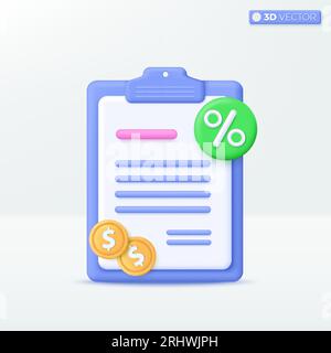 Money sign and Gold Coins on clipboard icon symbol. percentage sign, profit, Tax form, invoice, commission, Business Marketing concept. 3D vector isol Stock Vector