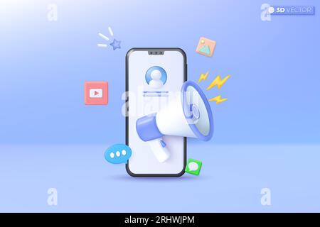 3d Social media on mobile application icon symbol. megaphone announce promotion, video, photo gallery, speech bubble, smartphone concept. 3D vector is Stock Vector
