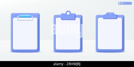 3D blue clipboard with blank sheet icon symbol. document for note, education, Drawing, contracts, schedule, mockup, work planning concept. 3D vector i Stock Vector