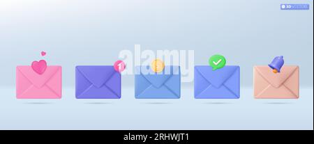 3d multicolor mail envelope icon set symbol. Render email notification, gold coin, heart valentine, bell, notice. communication concept. 3D vector iso Stock Vector