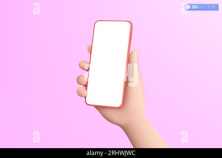 3d hand holding mobile phone icon symbol. Realistic smartphone with empty screen, Phone mockup. Editable device mobile template concept. 3D vector iso Stock Vector