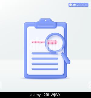 3D Magnifying glass with paper on clipboard icon symbol. Successfully complete business assignment, Research, Business data check concept. 3D vector i Stock Vector