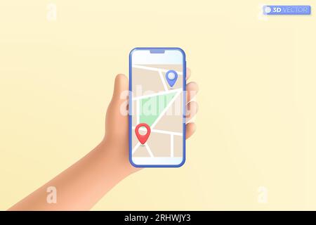 3d hand holding mobile phone with pinpoint on the map icon symbol. delivery tracking, location, destination, gps map navigation concept. 3D vector iso Stock Vector