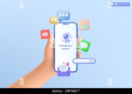 3d hand holding mobile phone social media icon symbol. video and photo gallery, email, Speech bubble, Instant messenger template concept. 3D vector is Stock Vector