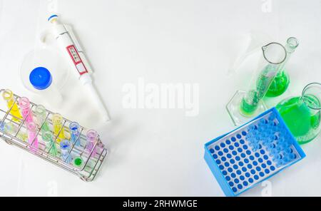 laboratory equipment and glassware on display leaving white isolated background for text Stock Photo