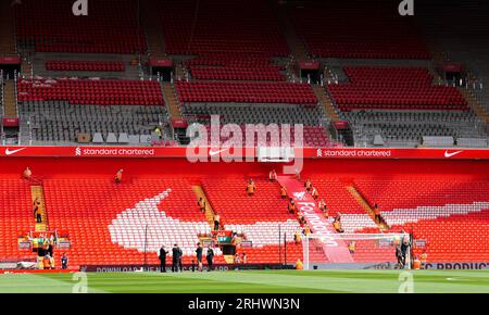 General view of the new upper Anfield Road stand under construction before the Premier League match at Anfield, Liverpool. Picture date: Saturday August 19, 2023. Stock Photo