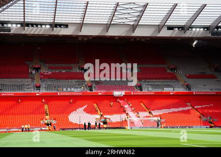 General view of the new upper Anfield Road stand under construction before the Premier League match at Anfield, Liverpool. Picture date: Saturday August 19, 2023. Stock Photo