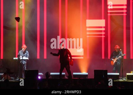Glanusk Park, UK. Friday, 18 August, 2023. Devo performing at the 2023 Green Man Festival in Glanusk Park, Brecon Beacons, Wales. Photo date: Friday, August 18, 2023. Photo credit should read: Richard Gray/Alamy Live News Stock Photo