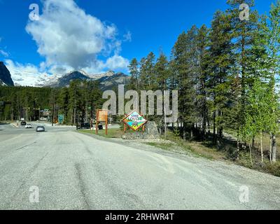 Banff, Alberta  Canada - May 23, 2023: The sign at the entrance to Lake Louise in  Banff National Park in Canada. Stock Photo