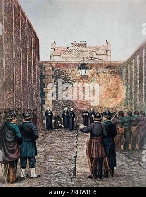 L'exécution de l'archevêque de Paris Georges Darboy et de quatre autres 'otages de la Commune' à la prison de la Grande Roquette, le 24 mai 1871 - Commune de Paris (1871) : execution d'otages (pretres) coupables de complicite avec le gouvernement de Versailles a la prison de la Roquette -  Shooting of hostages at Roquette prison, May 24, 1871, during the Paris Commune. George Darboy the Archbishop of Paris, Abbe Duguerry curator of the Madeleine, the reverend fathers Allard, Clerc, Ducoudray and President of the Court of Appeals Bonjean being executed - France, 19th century Stock Photo