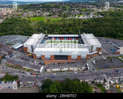 An aerial view of Ewood Park, home to Blackburn Rovers during the Sky Bet Championship match Blackburn Rovers vs Hull City at Ewood Park, Blackburn, United Kingdom, 19th August 2023  (Photo by Ryan Crockett/News Images) Stock Photo