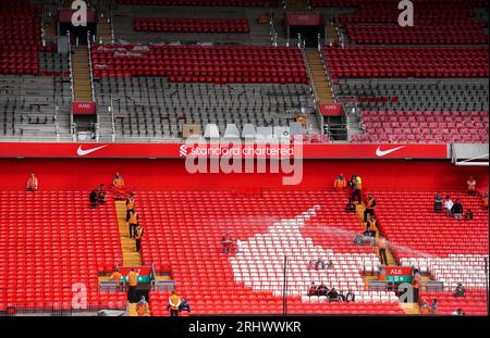 General view of the new upper Anfield Road stand under construction before the Premier League match at Anfield, Liverpool. Picture date: Saturday August 19, 2023. Stock Photo