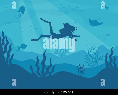 Silhouette of a scuba diver in the underwater world. The diver dives to the depths of the ocean. Vector illustration Stock Vector