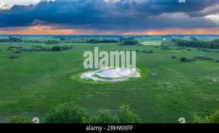 Field with trees landscape from aerial in sunset light and waterhole in middle, Podlasie Voivodeship, Poland, Europe Stock Photo