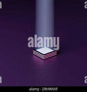 Conceptual 3D artwork of a glowing light cube emitting a bright light beam into the sky with pink lights on the side on a clear violet surface Stock Photo