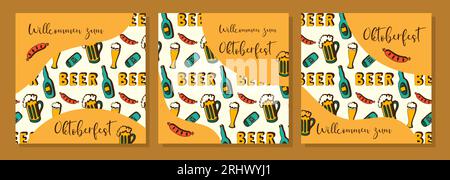 Oktoberfest. Beer festival. Posters set with pattern and inscription Willcommen zum Oktoberfest. Vector illustration Stock Vector