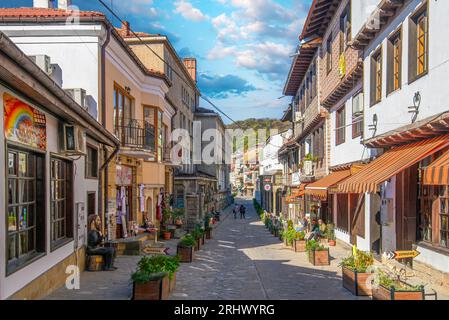 VELIKO TARNOVO, BULGARIA. Beautiful colorful street and houses at the old town center of city of Veliko Tarnovo Stock Photo