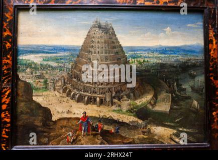 Paris, France-  Fine Art, 16th century Dutch Painting on Display in Louvre Museum, The Tower Of Babel, 1594, Credit Artist: Lucas Van Valckenborch Stock Photo