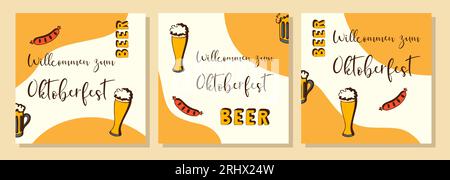Oktoberfest. Beer festival. Orange posters set with doodle hand drawn and inscription Willcommen zum Oktoberfest. Vector illustration Stock Vector